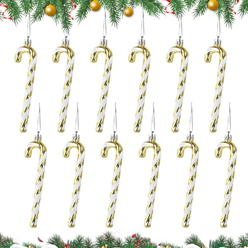 12 Stück Zuckerstangen für Weihnachtsbaum, 13 cm, Kunststoff, Weihnachten, zum Aufhängen, Candy Cane, Weihnachten, mit Seilen für die Weihnachtsfeier, zur Dekoration von Weihnachtsbaum (Gold)
