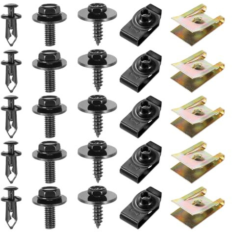 Faankiton 100PCS Car Screws and Bolts, Car Screw and Nut Clip Kit, U Type Body Panel Screw Clips, Car Body Fender Screws, Car Bumper Screws, Metal U type Fastener Clip for Wheel Arch Cover Undertray