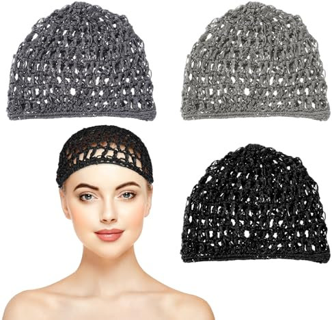 JIEYAO 3 Stück Damen Mesh Häkel Haarnetz, Haarnetz zum Schlafen Netz Häkelmütze Gestrickte Schlafmützen Weiches Häkel Dick Kurz Duschhaube Netz Mütze Schlafhaube für Frauen Mädchen