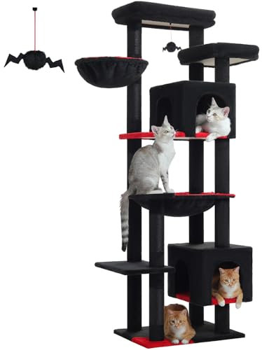 PAWZ Road Large Cat Tree for Indoor Cats, 70 Inches Gothic Cat Tower for Large Cats, Activity Center with 5 Sisal Scratching Posts, 2 Condos, Basket, Hammock & Plush Perches - Black