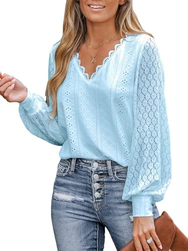 CUPSHE Women Blouse Cutout Scalloped Lace Top Long Lace Sleeves V Neck Banded Cuffs Chic Elegance Shirt Light Blue M