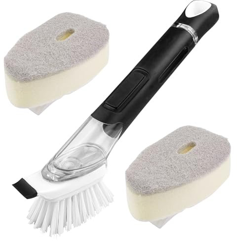 Dogrundi Spülbürste mit Spülmittelspender, Reinigungsbürste, Küchenbürste, Abwaschbürste mit 2 Austauschbaren Schwamm, Geschirrbürste Befüllbare, für Topf, Pfanne, Spüle Reinigung, Schwarz
