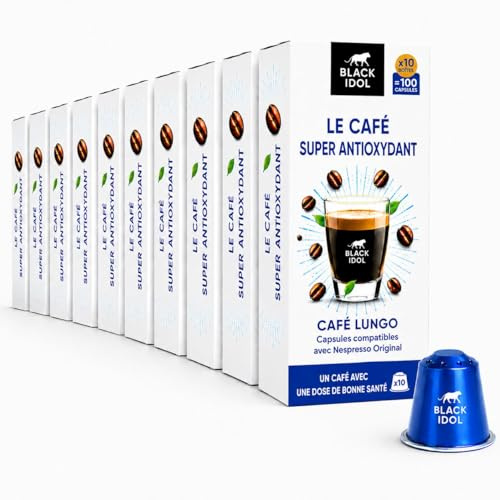 Black Idol Café Antioxydant, Capsules Lungo Compatibles pour Nespresso | Pack de 100, Enrichi en antioxydants naturels, Un café Dose de bonne santé !