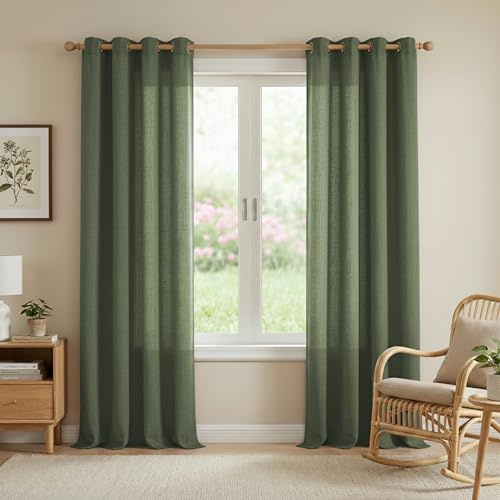 PONY DANCE Linen Curtains 90 Drop, Country - Style Curtains with Linen Eyelet Top Office Rustic Privacy Semi Sheer Panels Light Filtering for Bedroom/Dining Room, 55x90-Inch, Set of 2, Forest Green