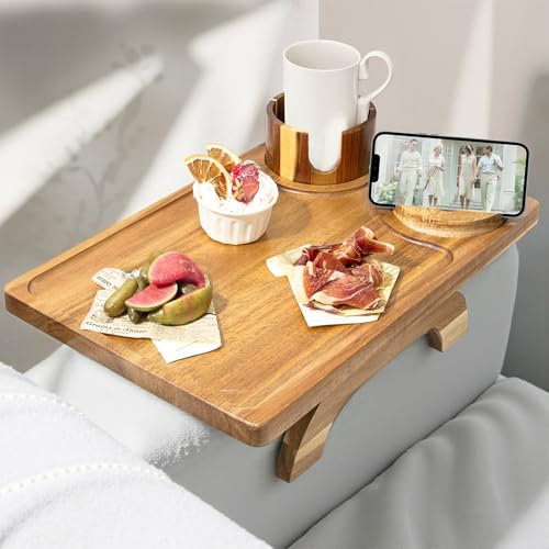 3-in-1 Acacia Wood Sofa Arm Tray – Large 15.3x10.1 Clip-On Couch Tray with 360° Rotating Cup & Phone Holder, Foldable Armrest Table for Drinks, Snacks, Remote