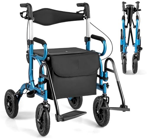 HOMASIS 2 in 1 Rollstuhl Rollator faltbar & leicht mit Sitz, Gehhilfe 6-fach höhenverstellbar, bis 140 kg, Alu Gehwagen mit Luftbereifung, Reiserollator Laufhilfe mit Stockhalter & Tasche (Blau)