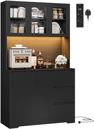 FirFurd Kitchen Cupboard 180cm Tall Cabinet with LED, Power Sockets Kitchen Sideboard Storage Cabinet with Large Countertop, Adjustable Shelves, 3 Drawers 180x100x38.5 cm Black