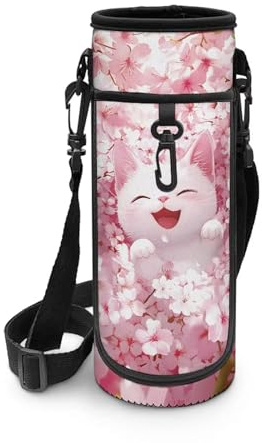 SCRAWLGOD Cute Cat Water Bottle Carrier Bag Case Girls Bottle Holder Sleeve with Strap Flower Kids Insulated Sling Stainless Steel/Glass/Plastic Bottles Pouch Drink Cover