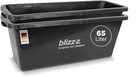 blizz-z Mörtelkasten L 75 x B 39 x H 34 cm (65 Liter) eckig schwarz in Profiqualität (2 Stück) | Baueimer, Kübel, Mörtelwanne, Pflanzenwanne für Hochbeet, Kunststoff | Made in Germany