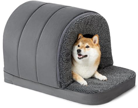 PELZIN Hundehaus für Drinnen - Orthopädisches Zelt-Hundebett mit Eierkartonschaum - mit Hundehöhle - Rutschfester Boden, Ideal für Mittelgroße Rassen & Passt in L 77cm Box - 74x46cm, Anthrazit