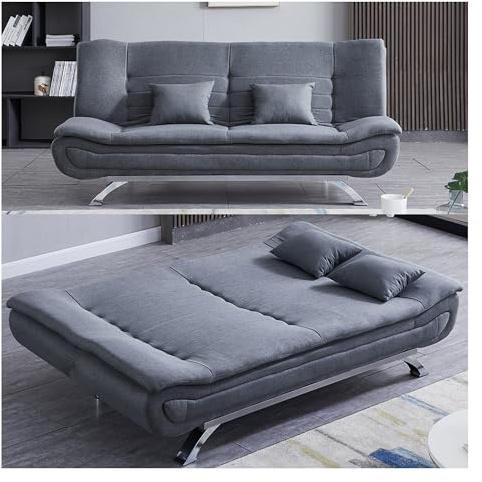 INMOZATA Modern 3-in-1 Convertible Futon Sofa Bed with 2 Pillows, 250kg Weight Capacity Linen Fabric & Chrome Legs, Space Saving Sleeper for Small Flat, Studio, Guest Room (182cm, Grey)