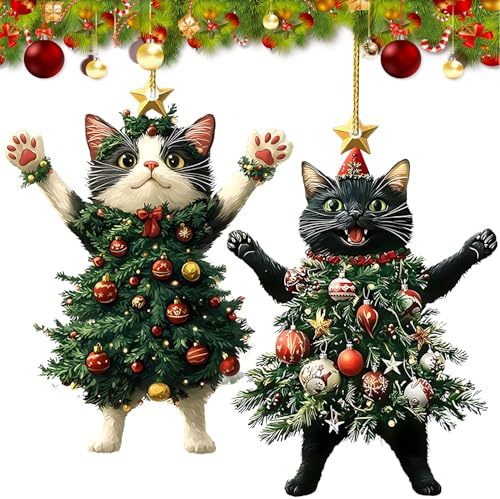 2Pcs Funny Cat Christmas Ornament, Cat Gifts Black & White Christmas Deco | Christmas Ornaments, Cute Kittens Hanging Gift, Adorable Cat Ornaments for Xmas Tree, Bag Charm,Cat Lover Gift