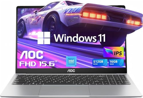 AOC Laptop Computer 15.6 Full HD IPS Display Laptop with N95 Processor(Up to 3.4GHz) Work Laptops 16GB RAM 512GB SSD Laptop Business Computer Light&Thin, Metal Shell, Webcam, Type-C, USB3.2