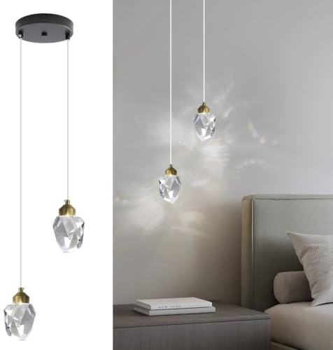 Sxtiger Modern Crystal Pendant Light, 3-Color LED Crystal Pendant Light, Adjustable Height Black Ceiling Hanging Pendant Lamp, for Kitchen Island Bedroom Dining Room (Black, 2-Head)
