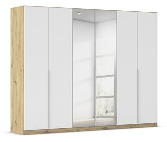 Rauch Möbel Alabama, Kleiderschrank, Farbe Weiß/Eiche Artisan, Breite 271cm | Schrank, 6-türig, mit Spiegel, Zubehör Premium, für Schlafzimmer, Kinderzimmer, Homeoffice, Gästezimmer, Garderobe, Flur