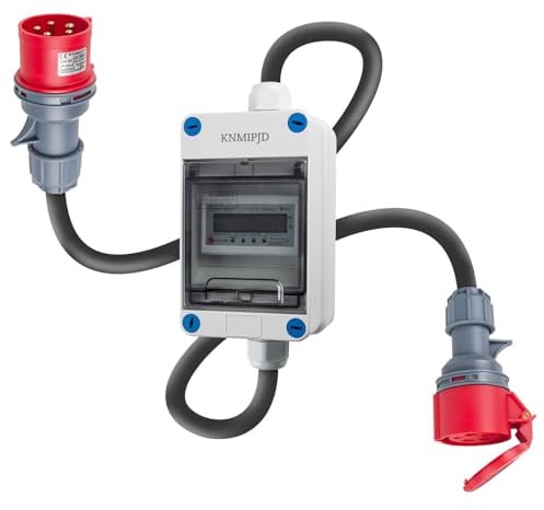 KNMIPJD Mobiler Digitaler 3 Phasen Stromzähler, 16A CEE 5-Pin für Steckdose | 400V Zwischenzähler mit CEE 5P Stecker/Kupplung, 1m H07RN-F Kabel, IP65, LED, Reset und Stromausfall-Speicher