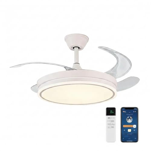 Don Feliz Ventilador de techo con luz LED con 4 Aspas Retráctiles, 3 modos de luz, control por mando y app, lampara de techo con ventilar luz LED regulable 55W, Motor DC
