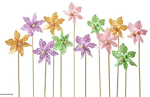 Mini Windräder Kunststoff / Plastik am Holzstab - 12er Set - Gepunktet - Bunte Mischung - Ø 9cm / Höhe: 27cm - UV-Beständig & Hochwertige Qualität - Plastikwindräder / Kunststoffwindrad zum Stecken