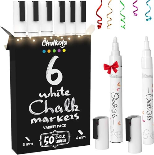 Chalkola Kreidestifte für Tafel Abwaschbar Weiß | 6 Kreidemarker Weiss 6mm & 3mm Spitze, 50 Etiketten | Kreidestift Weiß für Fenster, Tafel, als Glasstift | Chalk Markers für alle Altersgruppen