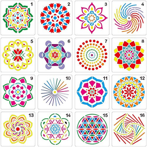 Mandala Schablone DIY Steine Wiederverwendbar Set von 16 (5 x 5 Zoll) Malerei Schablone, Laser Cut Malerei Vorlage für DIY Dekor, Malen auf Holz, Airbrush, Felsen und Wände Kunst