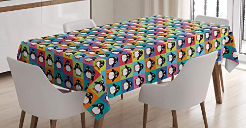 ABAKUHAUS Pinguin Tischdecke, Bunte Rahmen Tiere, Schmutzabweisend Pflegeleicht Waschbar Druck Mit Klaren Farben ohne Verblassen, 140 x 170 cm, Rot Lila