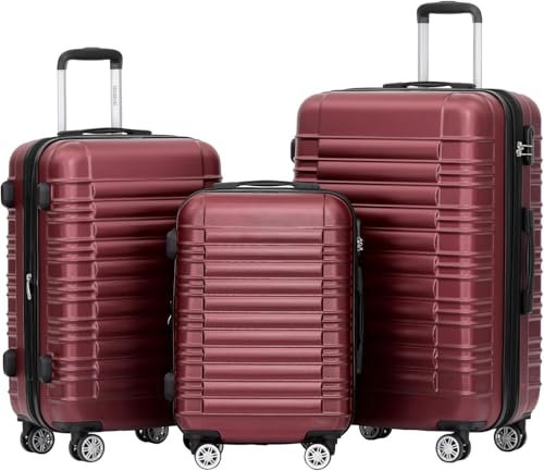 BEIBYE 2088 Zwillingsrollen Reisekoffer Koffer Trolleys Hartschale M-L-XL-Set (Weinrot, Set)