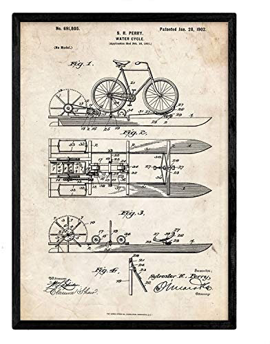 Nacnic Poster patentiertes Wasserfahrrad. Blatt mit altem Design-Patent in der Größe A3 und Vintage-Hintergrund
