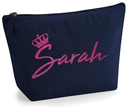 Personalisiert Name Initialen & Königin Krone Kosmetiktasche Damen Schminktasche für Handtasche Makeup Tasche mit Texturdruck - Rosa Glitzer - M - Marine Blau