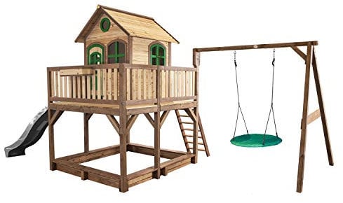 AXI Spielhaus Liam mit Sandkasten, Nestschaukel & Grauer Rutsche | Stelzenhaus XXL in Braun & Grün aus FSC Holz für Kinder | Spielturm mit Wellenrutsche für den Garten