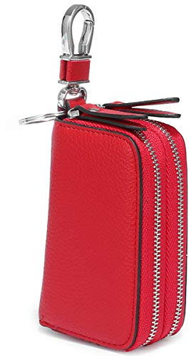 Aileder Portachiavi in vera pelle, con doppia cerniera, per chiavi dell'auto, per uomo e donna, Rosso, S, Compatto
