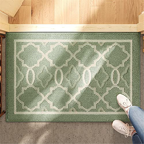 THRILRUG Indoor Door Mat, Non-Slip Absorbent Machine Washable Resist Dirt Entrance Rug, Low-Profile Front Door Mat for Back Door Inside Floor Rugs for Entryway-Green Trellis (60x90cm)
