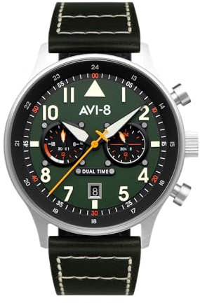 AVI-8 Herren 43.5mm Hawker Hurricane Carey Dual Time Merville Japanische Quarz-Fliegeruhr mit Lederarmband AV-4088-02