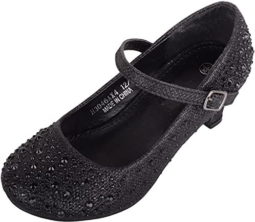 ABSOLUTE FOOTWEAR Childrens Kids Girls Glitter Sparkly Diamante Wedding Party Pagent Heeled Shoes - Black - UK Infant 10 / EU 28