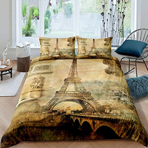 Eiffelturm-Bettwäsche-Set für Mädchen und Jungen, Paris, Stadtbild, moderner Paris, französischer Stil, Bettbezug, Retro, Vintage-Stil, Bettwäsche und Leinen, Doppelbett, 3-teilig