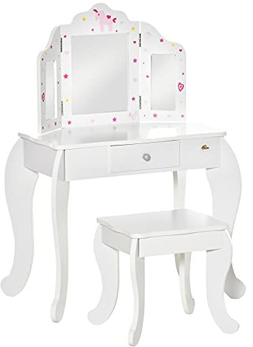 HOMCOM Toeletta per Bambini con Sgabello in Legno, Tavolo Trucco con Triplo Specchio e Cassetto, 63x40x85.5cm, Bianco