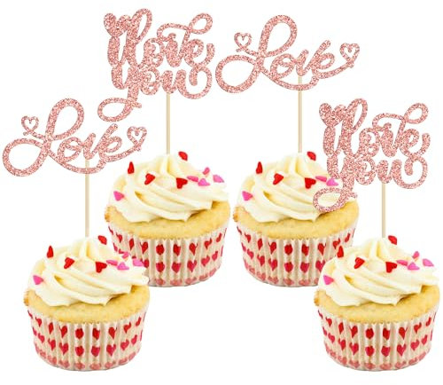 Gyufise 24 Pack Love Valentine's Cupcake Toppers Glitter Sweet Love I Love You Cupcake Picks Valentine's Day Theme Wedding Engagement Bridal Shower Birthday Party Cake Decorations Supplies Rose Gold