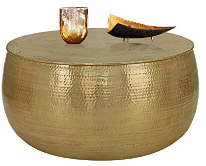 WOMO-DESIGN Couchtisch Ø 90x45 cm Gold, Unikat, Hammerschlag-Optik, Handgefertigter Beistelltisch, Orientalischer Wohnzimmertisch, Runde Tisch, Aluminium Loungetisch, Metall Tisch, Flacher Sofatisch