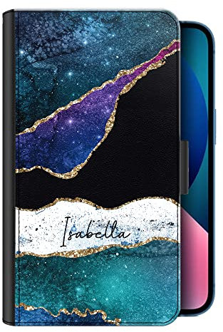 Personalised Apple iPhone Case for 15, 14, 13, 12, 11, Pro Max, Mini, XR, XS, SE - Custom PU Leather Flip Cover, Black Name Grey Marble Green Galaxy Star Initial Case