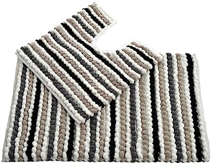 Allure Striped Chunky Bobble Two Piece Bath Mat & Toilet Mat Set – Thick, Hand-Woven, Super Soft, Bathroom Rugs (Monochrome)