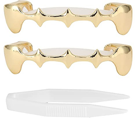 Vampir Hip Hop Zähne, Punk Custom Fit Zähne Mund Oben und Unten Hip Hop Zähne Grillz Set mit Pinzette, Dracula Vampirzähne Falsche Zähne für Rapper, Halloween Cosplay(Gold)
