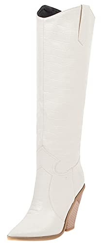 Lizoleor Donna Senza Chiusura Moda Knee Stivali Western Zeppa Warm Appuntito Chunky Tacco Alto Vestito Stivali Western Bianco Numero 36 Eu