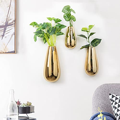 Nattol Wandhalterung Metallic Gold Blumenvase, Keramik Hängender Pflanzgefäß mit Tropfenform, Set mit 3 zeitgenössischen ovalen Blumentöpfen