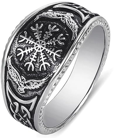 Wegweiser Ring, Piratenkompassring für Männer, Helm der Ehrfurcht Runenring Nordischer Wikinger Walknut Odin Symbolring Odin-Schmuck, Jahrgang keltischer Knotenring Falkenadler Rabenring (20.6)