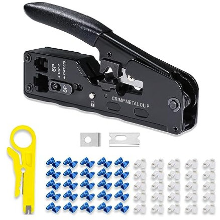 6COMGIGA Herramienta de crimpado RJ45 RJ12 todo en uno, crimpadora Ethernet para conector modular Cat5, Cat5e, Cat6, Cat6a, Cat7, con mini pelacables, 50 conectores y cubiertas CAT6
