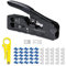 All-in-one RJ45 RJ12 Crimpzange, Pass-Through-Ethernet-Crimper für Cat5 Cat5e Cat6 Cat6a Cat7 modulare Steckverbinder, mit Mini-Abisolierzange, 50 Stück CAT6-Pass-Through-Stecker und Abdeckungen