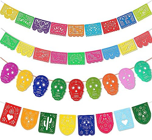 XINDY 4 Stück Papel Picado Mexiko Fiesta Banner Tag der Toten Banner Halloween Dia De Los Muertos Deko Banner Filz Mexikanische Totenkopf Banner Girlande für Tag der Toten Deko Halloween Party
