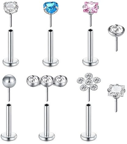 VF VFUN 20G 8mm Edelstahl Diamant CZ Nasenstecker Gewindelos Drücken Sie Hinein Nasenpiercing Blaues Herz Rosa Stern CZ Lippenpiercing Labret Cartilage Tragus Helix Ohrpiercing Piercing Schmuck