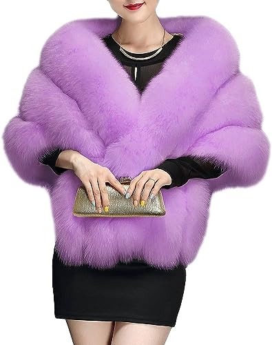 UMREN Damen Luxus Party Faux Fuchs Pelz Lange Schal Umhang Cape für Winter, A-lila, Einheitsgröße