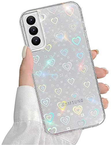 QUESPLE Kompatibel mit Samsung Galaxy S23 Hülle Transparent Glitzer Herz Muster für Frauen Mädchen Mode Weiche Langlebige Schlanke TPU Handyhülle, Hart PC Rückseite Kratzfest