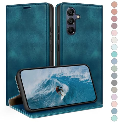 HUOUH für Samsung Galaxy A14 5G 4G Hülle mit RFID Schutzhülle aus Lederhülle Handyhülle,360 Grad Schutz Case,Kartenfach Leder ständer Handy hülle für Samsung A14 Klapphülle Wallet Cover Türkis